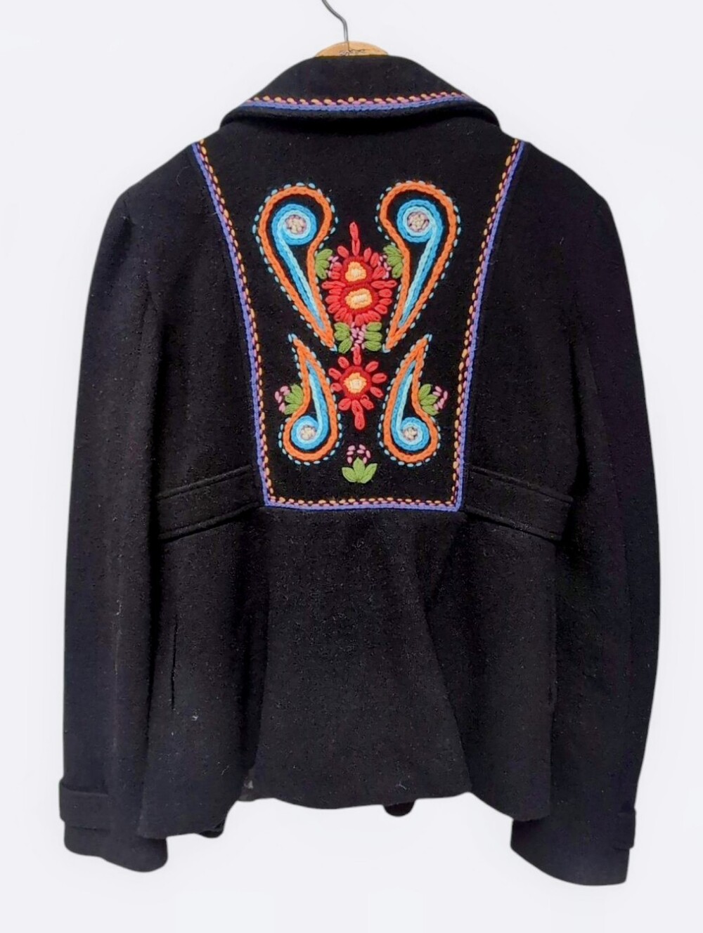 Free People Lambs Wool Boho Embroidered Pea Coat Women's Size MEDIUM Vintage